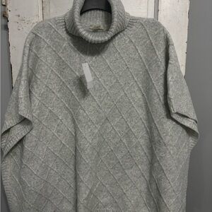 LOFT Lattice Cable Knit Turtleneck Poncho Sweater M/L Women’s Oatmeal Grey Wool